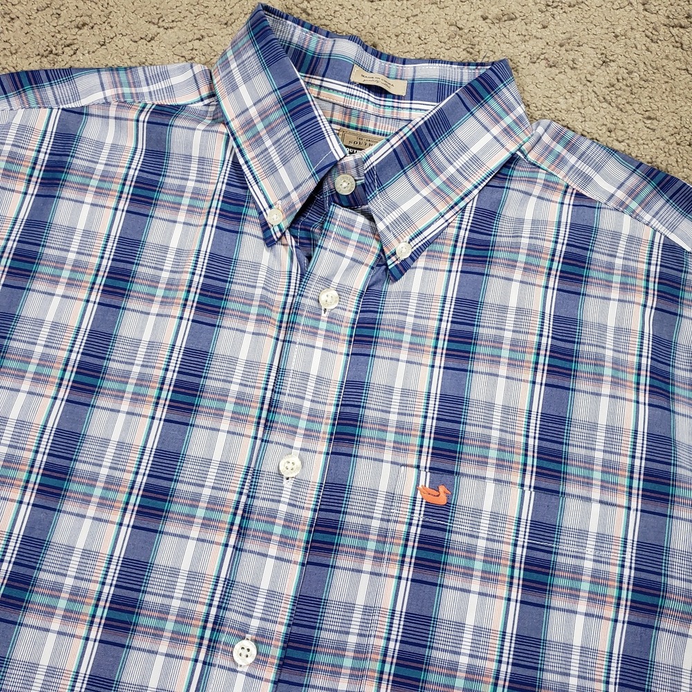 Southern Marsh Short Sleeve Button Down Shirt Men Large Blue Plaid Preppy Work